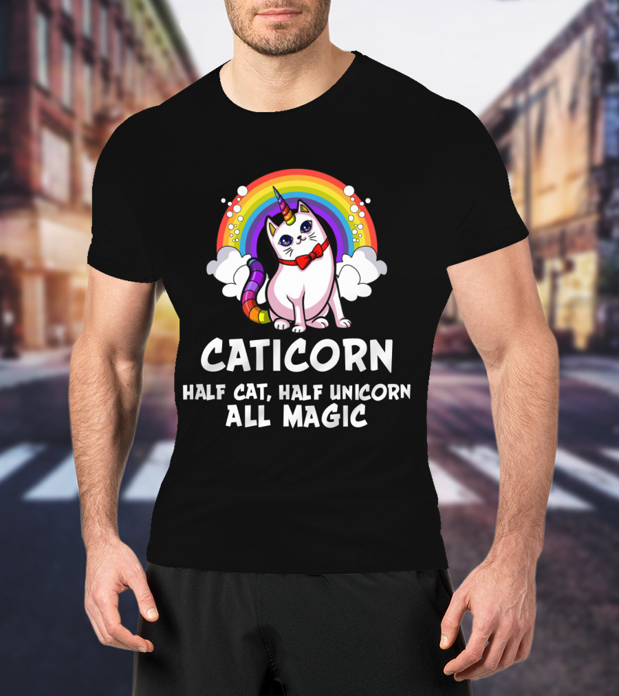Caticorn Half Cat Half Unicorn All Magic Rainbow Bow Magic T-Shirt
