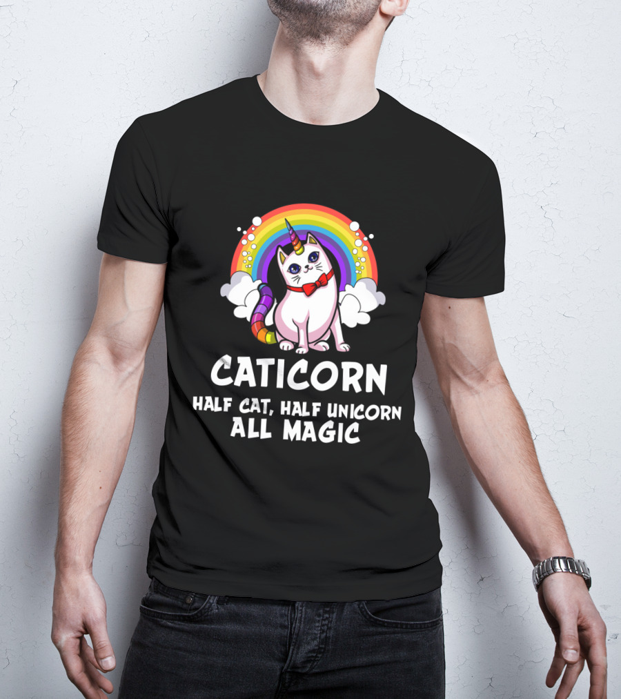Caticorn Half Cat Half Unicorn All Magic Rainbow Bow Magic T-Shirt