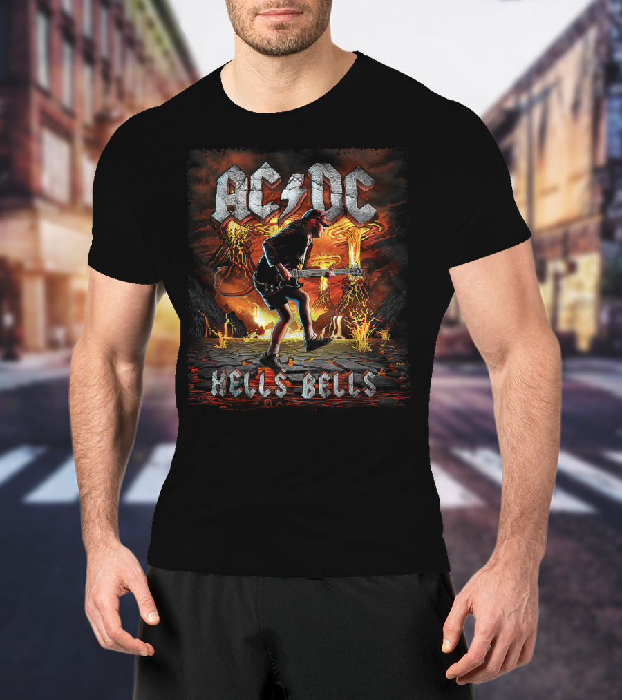 AC/DC Hells Bells Guitarist With Volcanic Eruption Background T-Shirt
