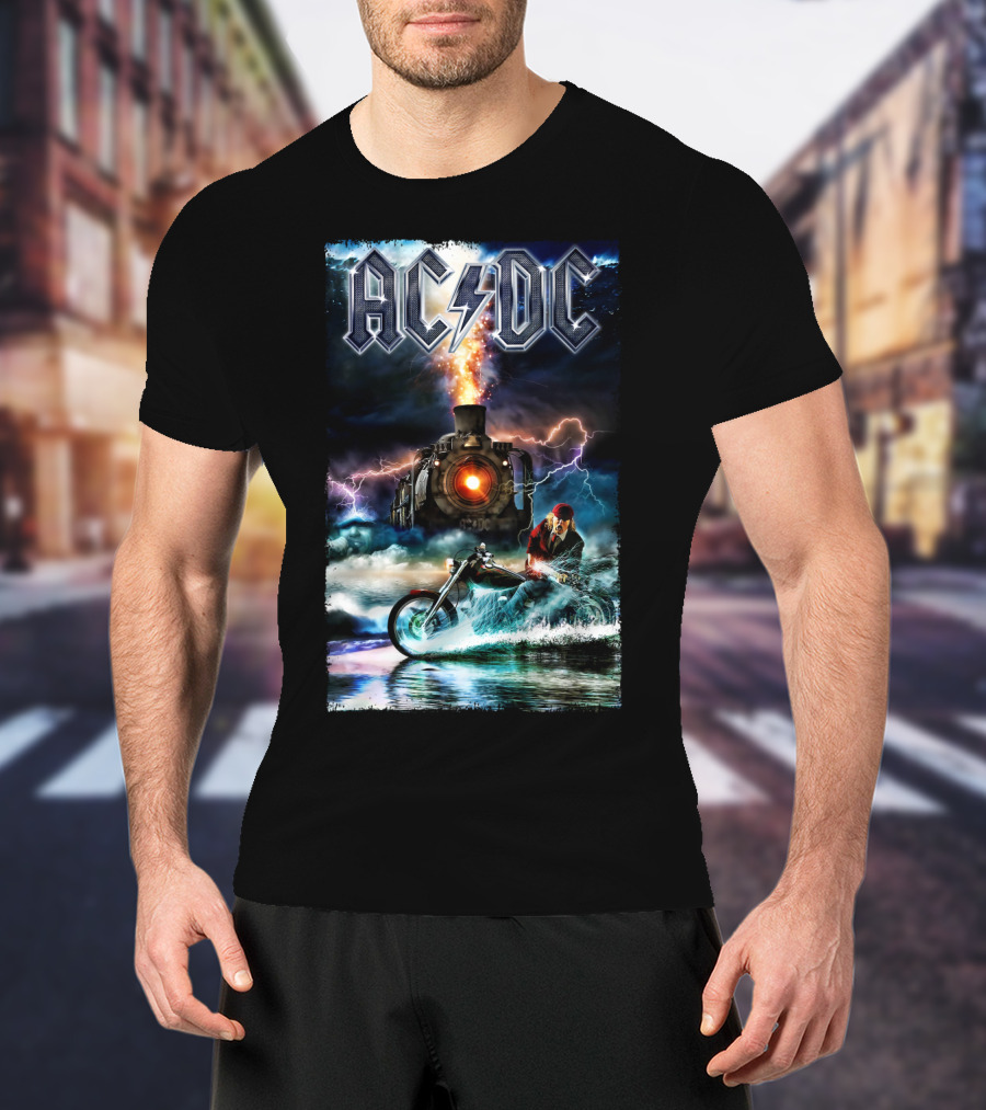 AC/DC Rock And Roll Train With Lightning And Motorbike Scene T-Shirt