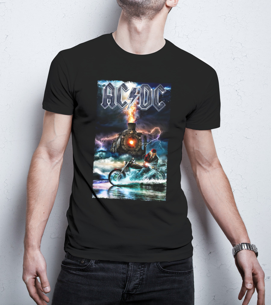 AC/DC Rock And Roll Train With Lightning And Motorbike Scene T-Shirt