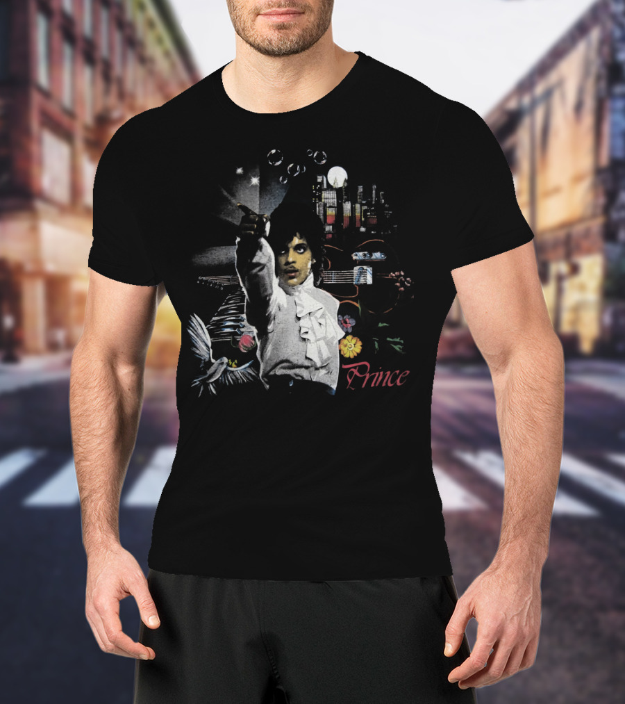Prince Retro Iconic 1980s Music Legend With Guitar And City Skyline T-Shirt