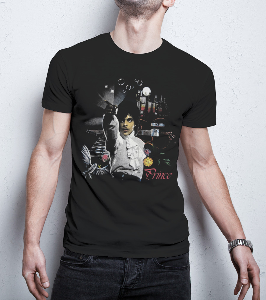 Prince Retro Iconic 1980s Music Legend With Guitar And City Skyline T-Shirt
