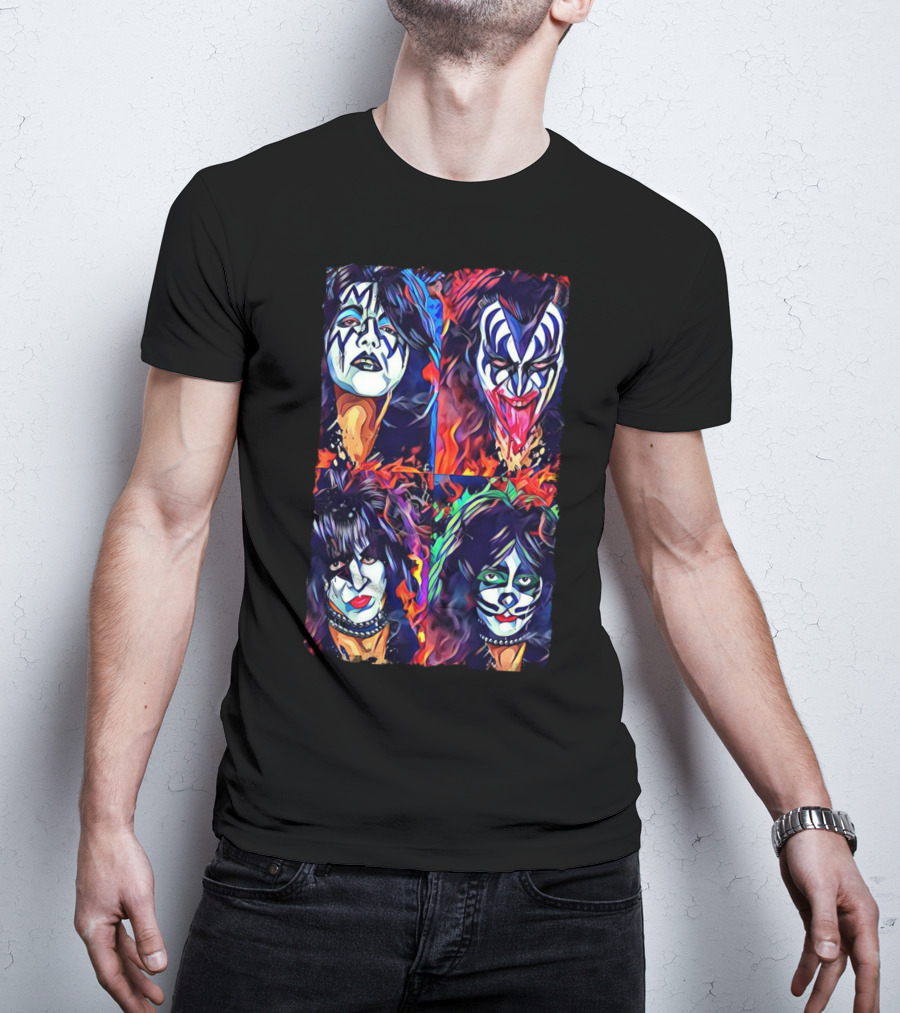 Kiss Band Iconic Face Paint Portraits Fiery Background T-Shirt