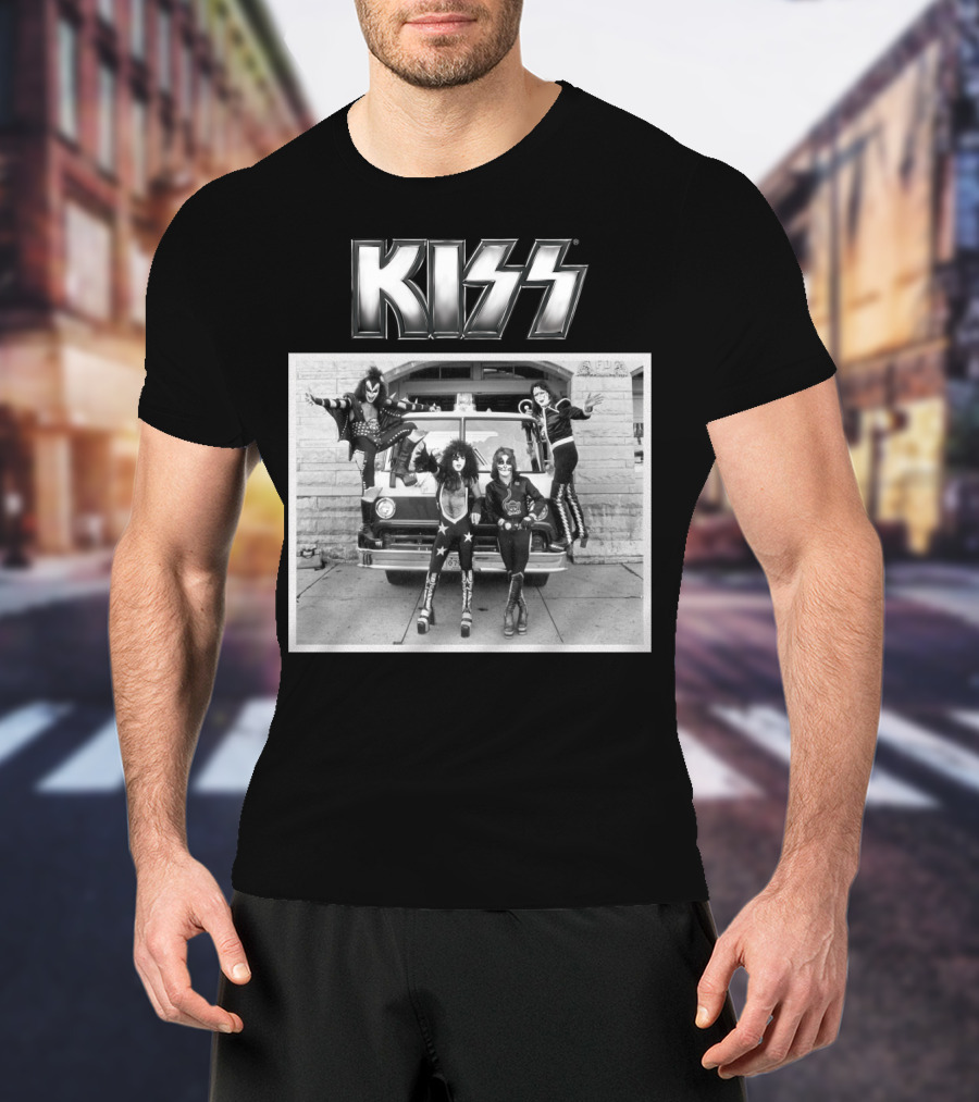 KISS Band On Cadillac With Logo Black And White Photograph T-Shirt