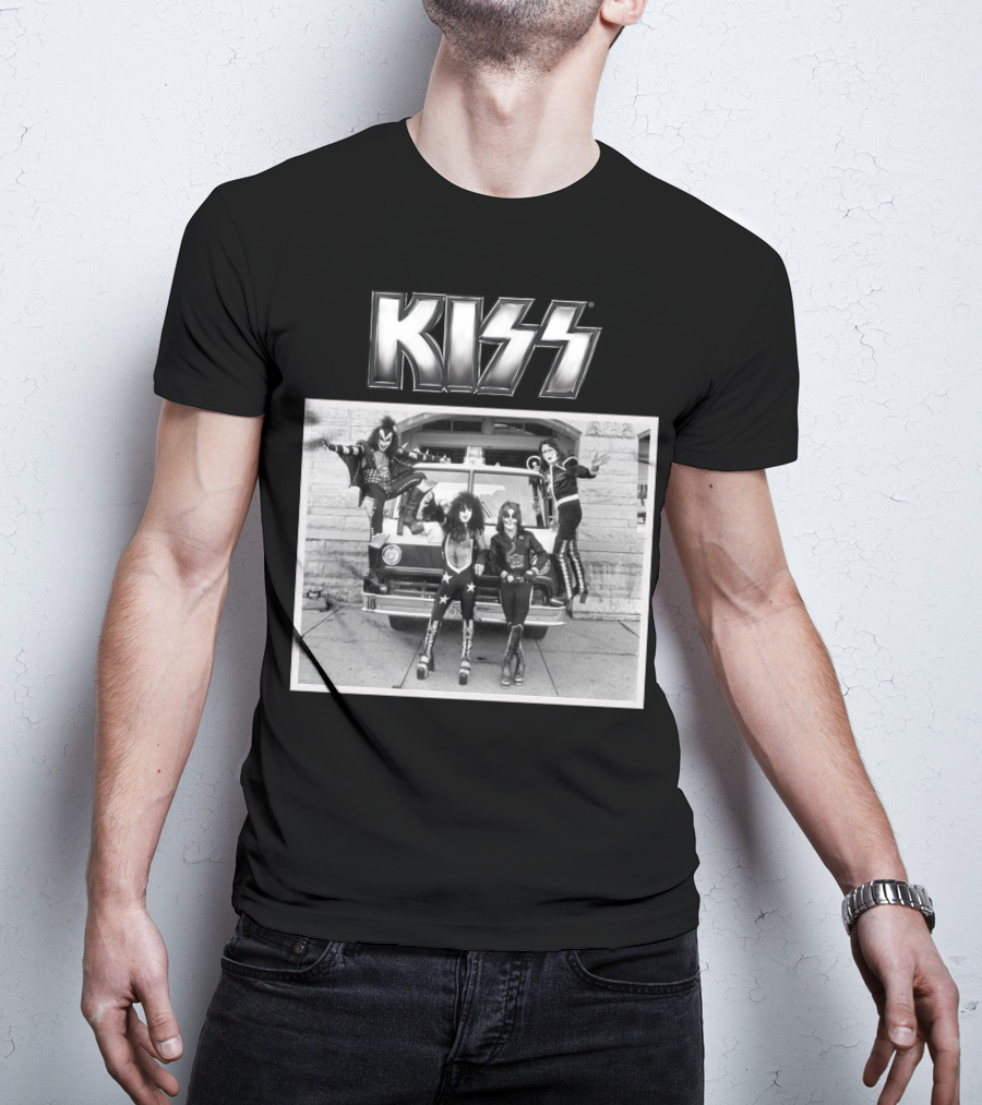 KISS Band On Cadillac With Logo Black And White Photograph T-Shirt