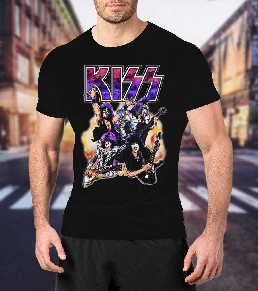 KISS Band Cartoon Graphic With Fire Background T-Shirt