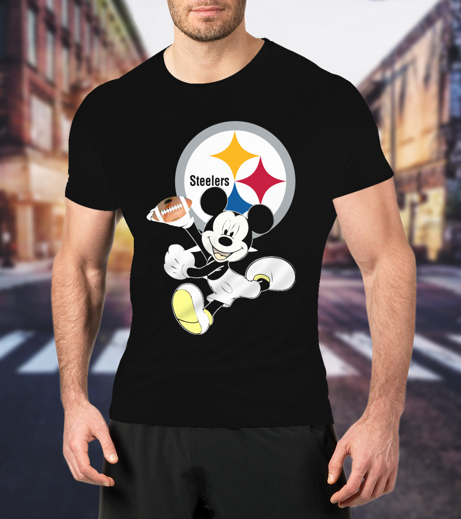 Mickey Mouse With Steelers Logo And Football T-Shirt
