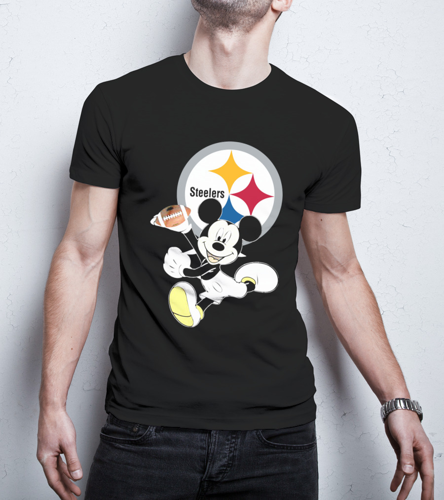 Mickey Mouse With Steelers Logo And Football T-Shirt