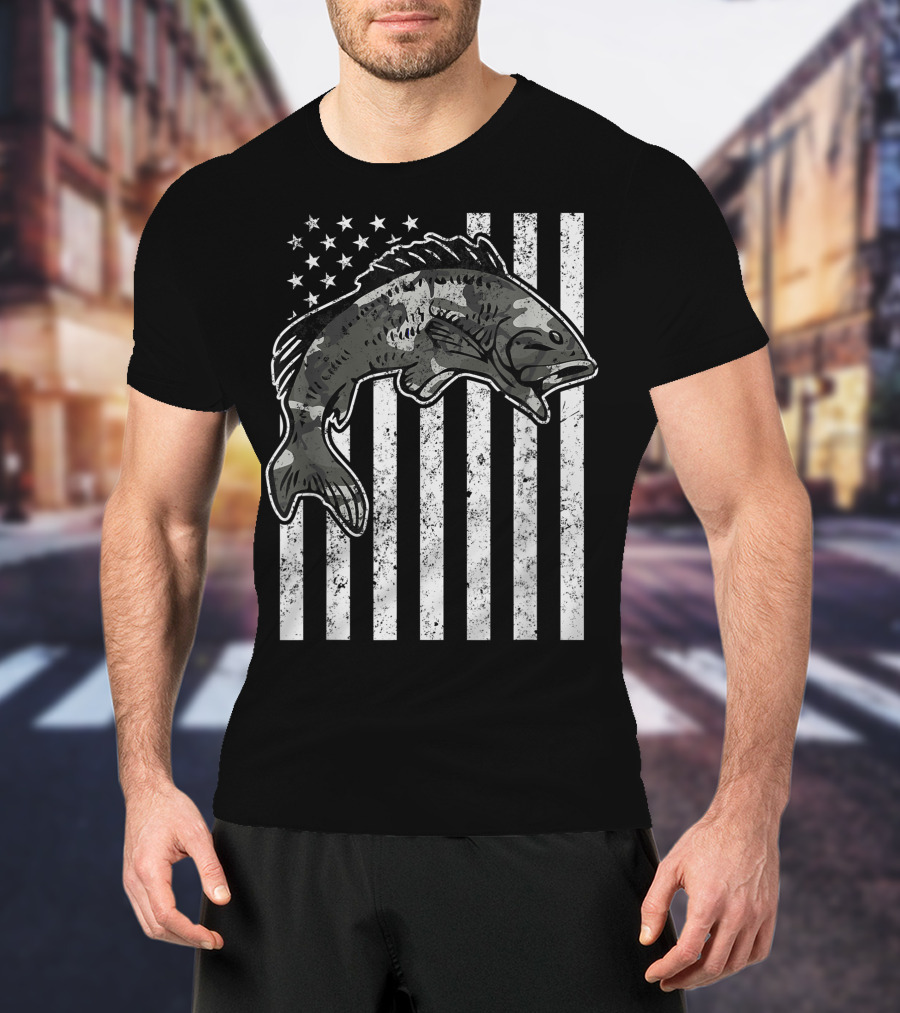 American Flag Camouflage Bass Fishing Mens T-Shirt