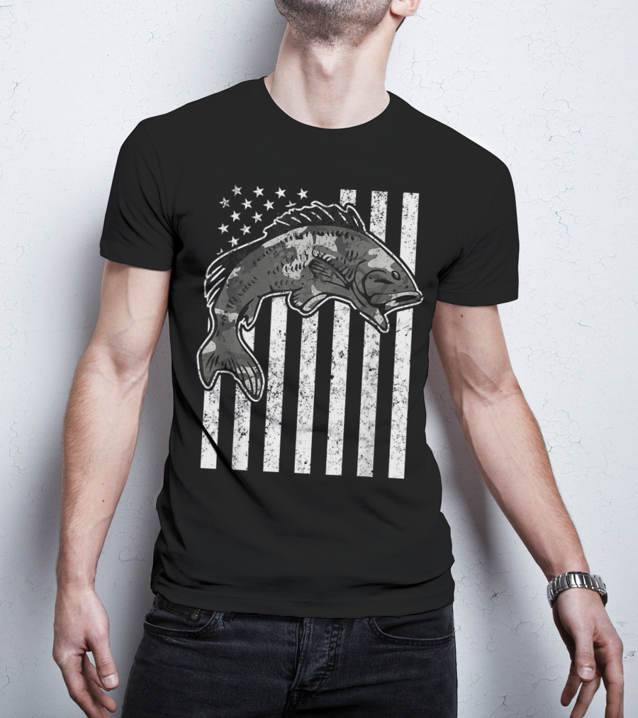 American Flag Camouflage Bass Fishing Mens T-Shirt