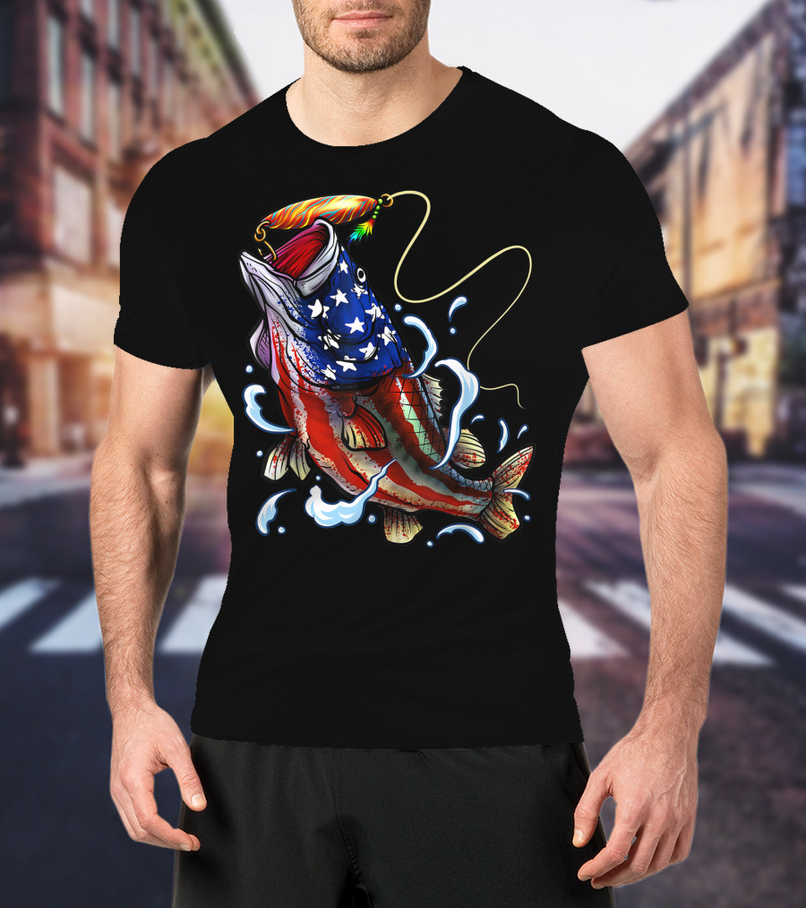 American Flag Bass Fishing Angler Dad Fish T-Shirt