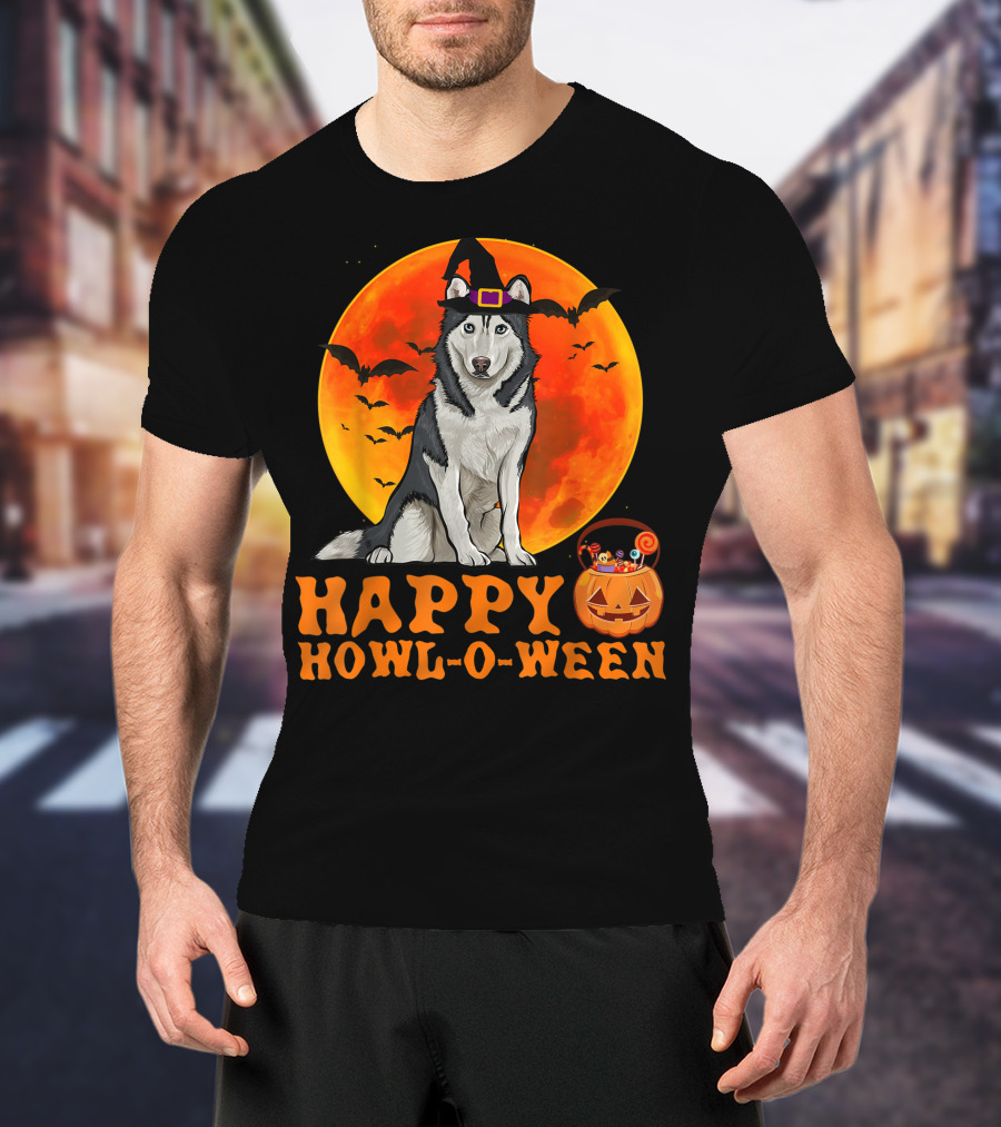 Halloween Siberian Husky Dog Happy Howl-O-Ween Pumpkin Moon Bats T-Shirt