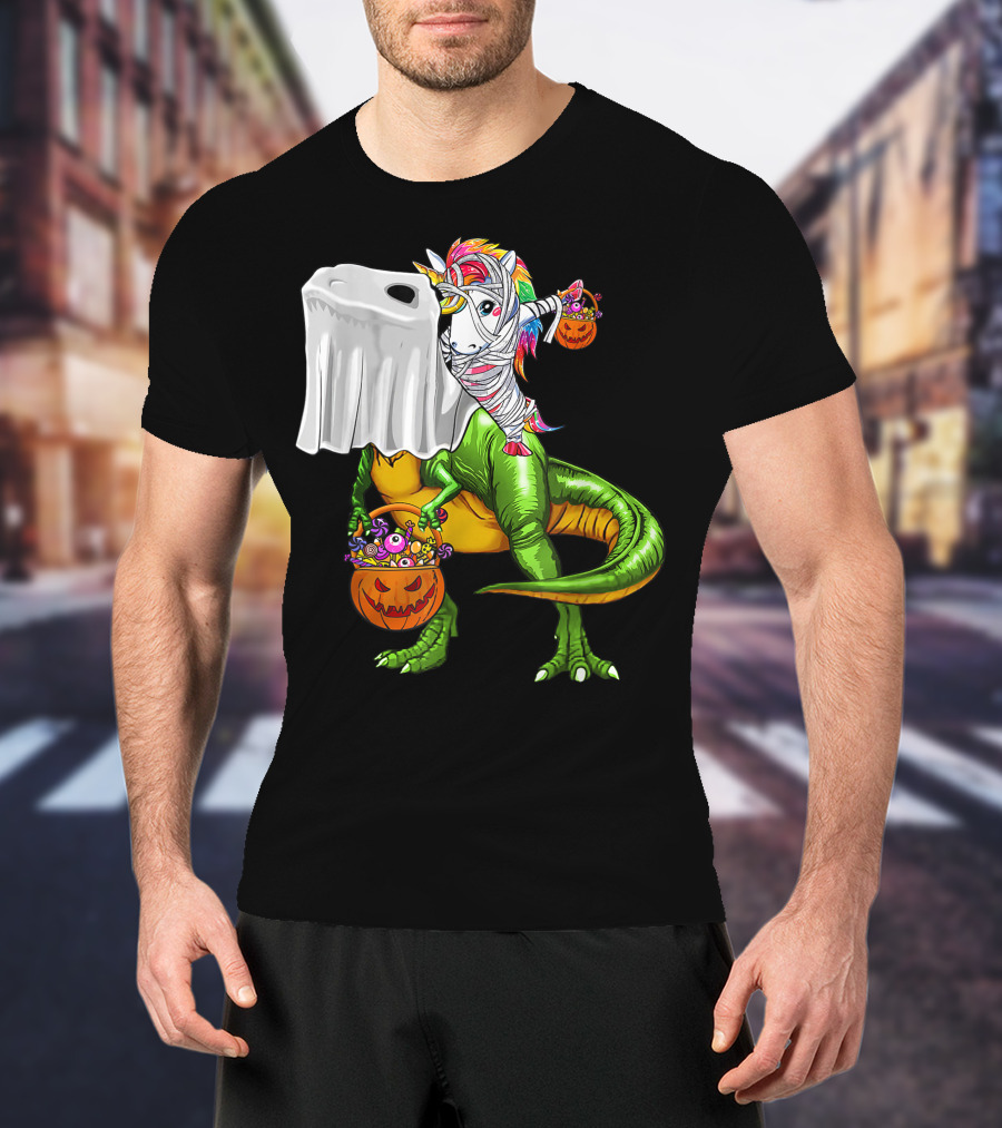 Funny Boo Dinosaur Mummy Unicorn Carrying Pumpkin Halloween T-Shirt