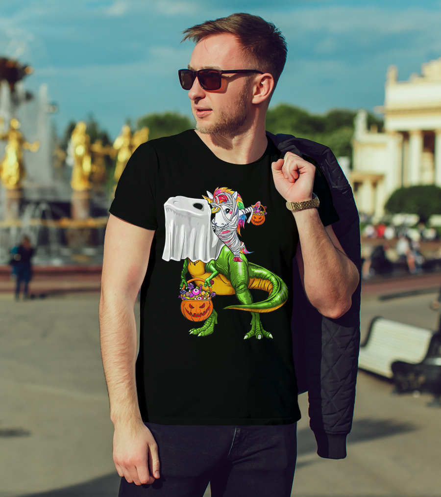 Funny Boo Dinosaur Mummy Unicorn Carrying Pumpkin Halloween T-Shirt