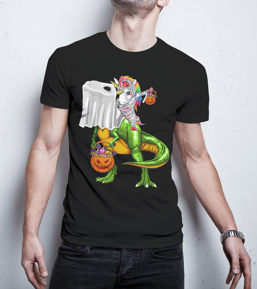 Funny Boo Dinosaur Mummy Unicorn Carrying Pumpkin Halloween T-Shirt