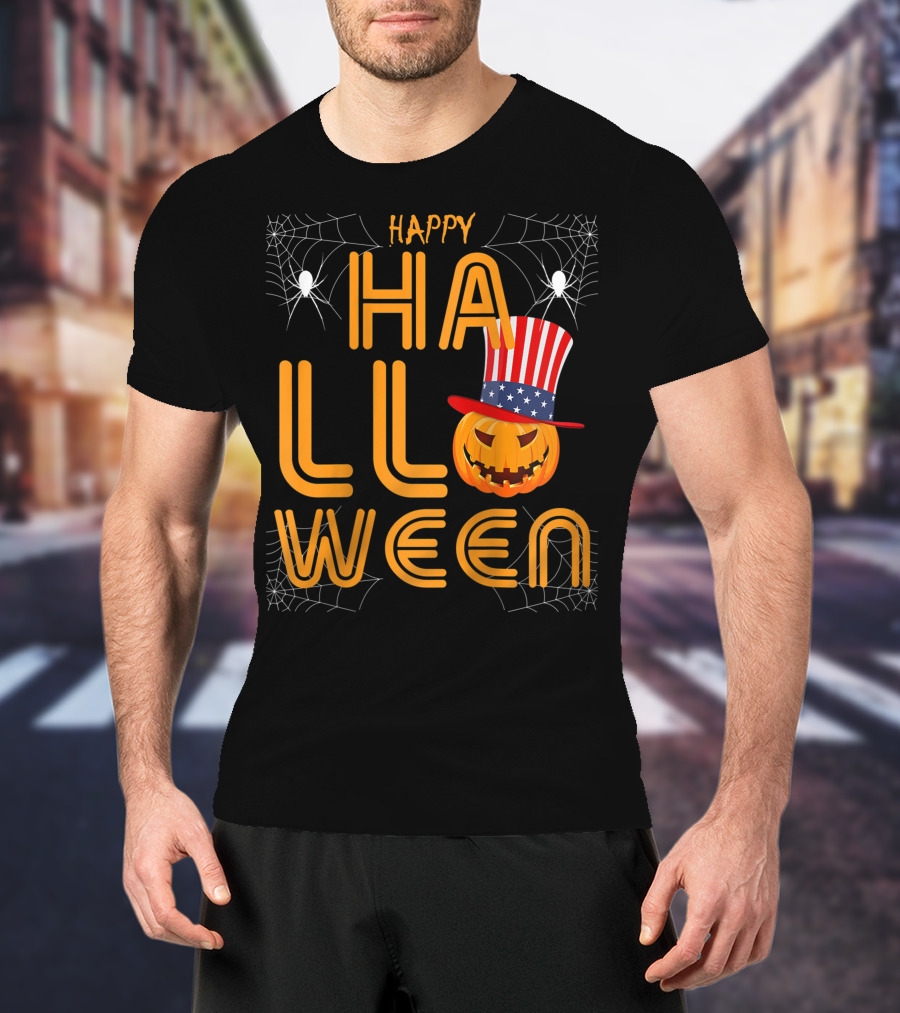 Happy Halloween Funny Orange Pumpkin American Flag Hat With Spider Webs T-Shirt