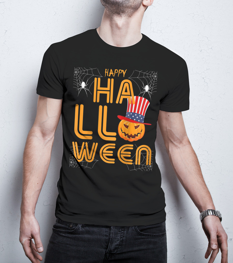 Happy Halloween Funny Orange Pumpkin American Flag Hat With Spider Webs T-Shirt