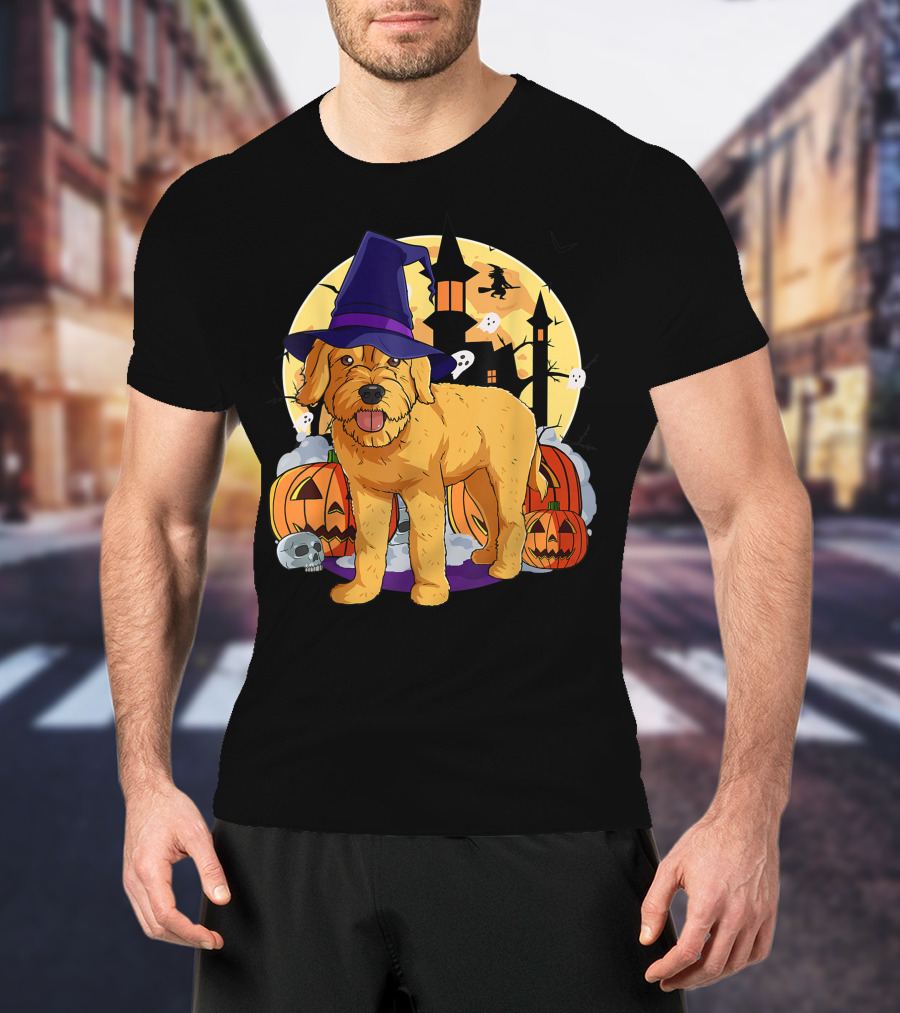 Happy Halloween Goldendoodle Dog Witch Hat Pumpkin Moon Haunted House Ghosts T-Shirt