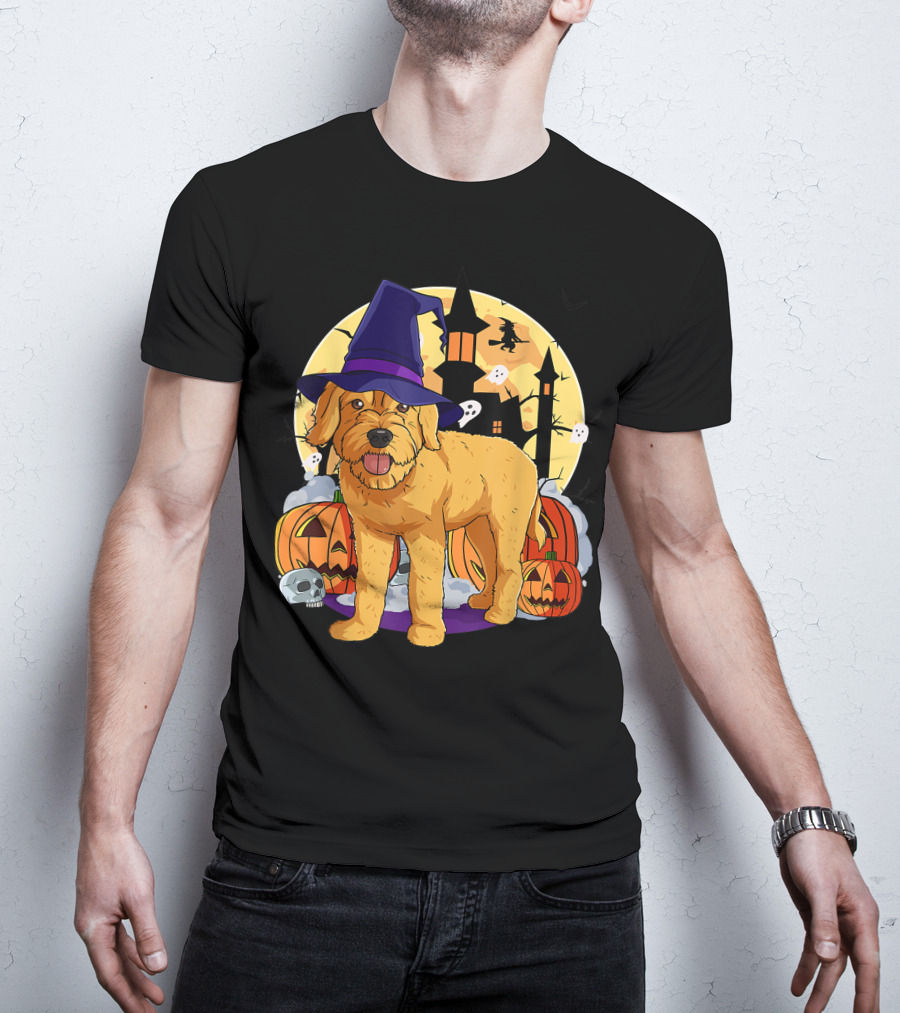 Happy Halloween Goldendoodle Dog Witch Hat Pumpkin Moon Haunted House Ghosts T-Shirt