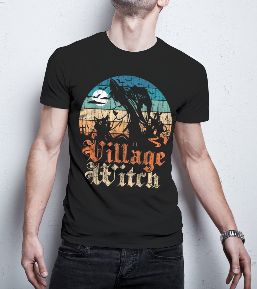 Village Witch Cat Silhouette Moon Sunset T-Shirt