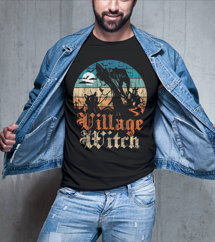 Village Witch Cat Silhouette Moon Sunset T-Shirt