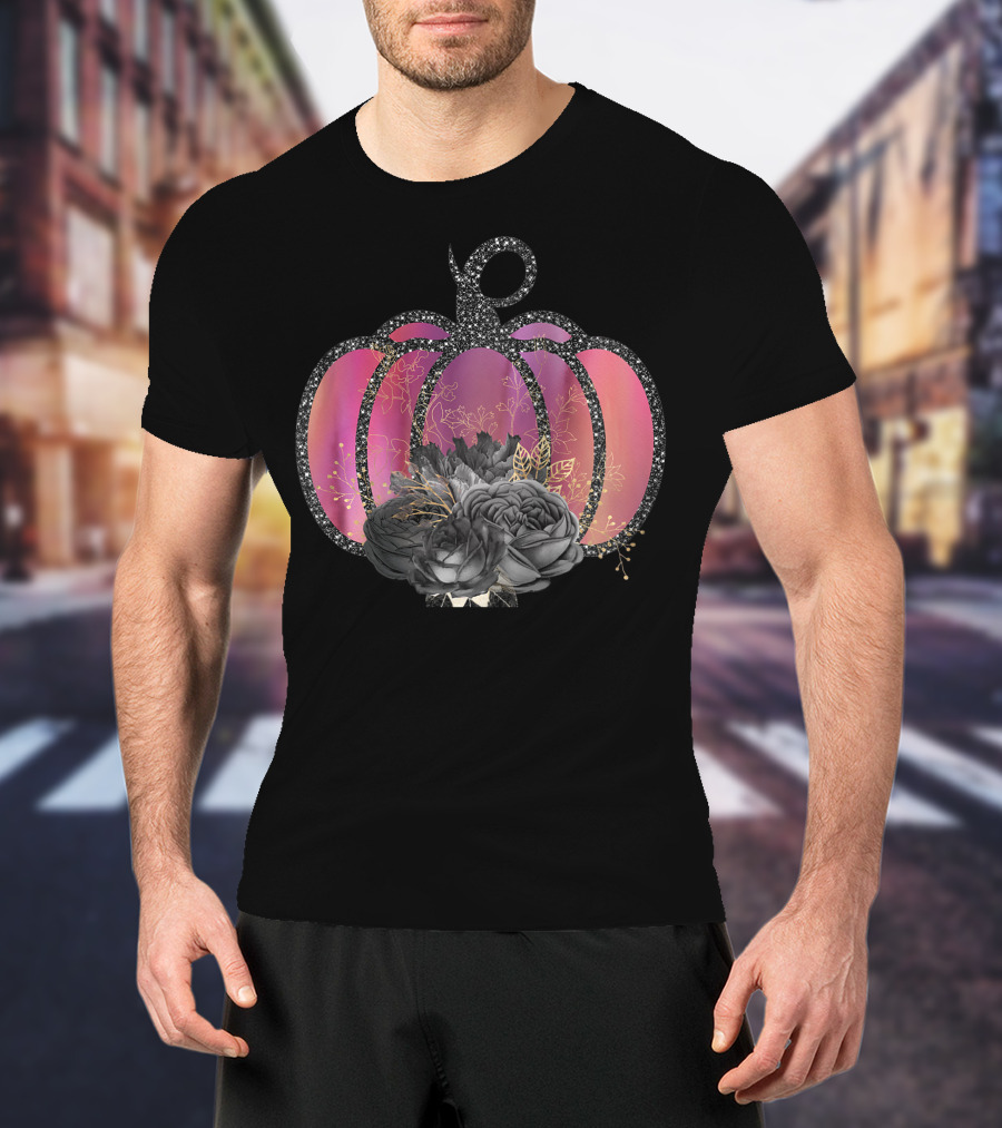 Women Halloween Pumpkin Unique Fall Raglan Baseball With Black Floral Accents T-Shirt