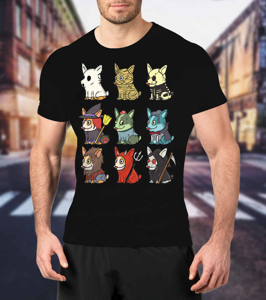 Corgi In Scary Ghost, Mummy, Skeleton, Witch, Zombie, Vampire, Werewolf, Devil, And Grim Reaper Costumes Funny Dog T-Shirt