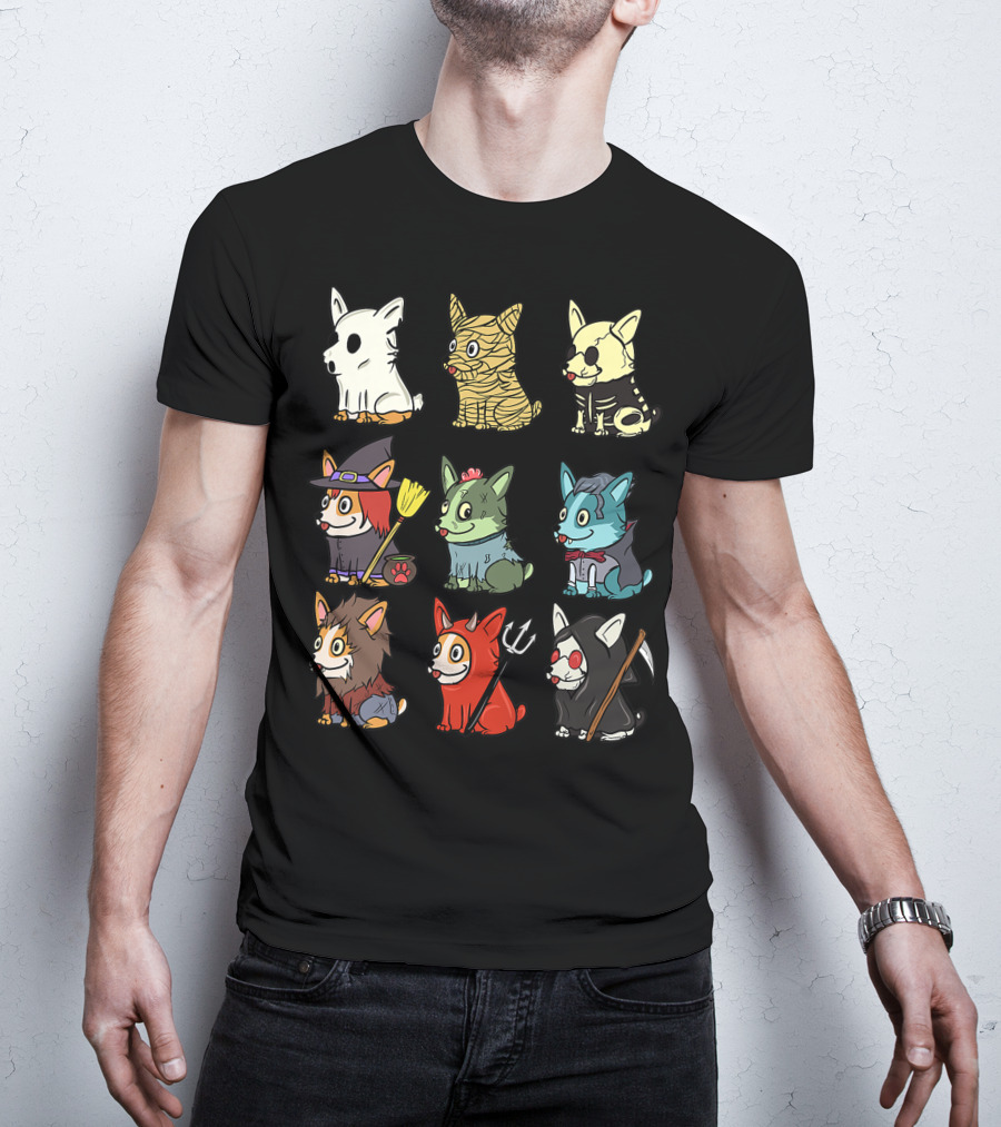 Corgi In Scary Ghost, Mummy, Skeleton, Witch, Zombie, Vampire, Werewolf, Devil, And Grim Reaper Costumes Funny Dog T-Shirt