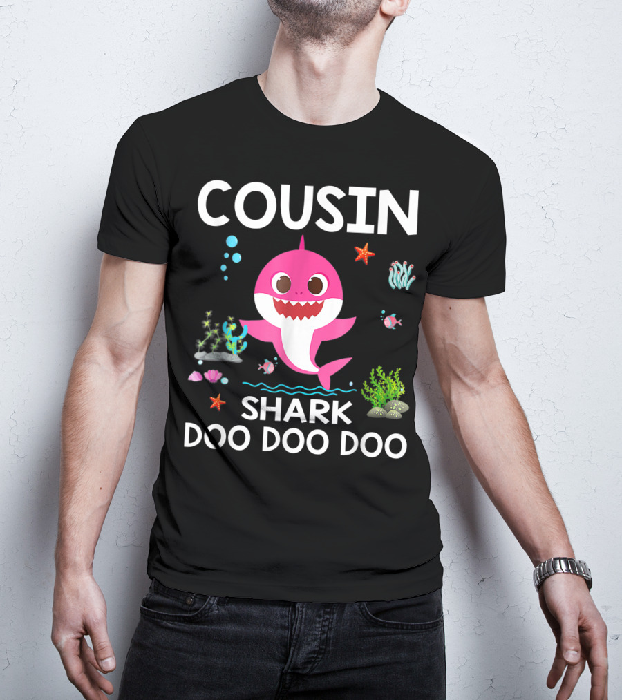 Cousin Shark Doo Doo Doo Funny Cousin Best Birthday With Underwater Sea Creatures And Pink Shark T-Shirt