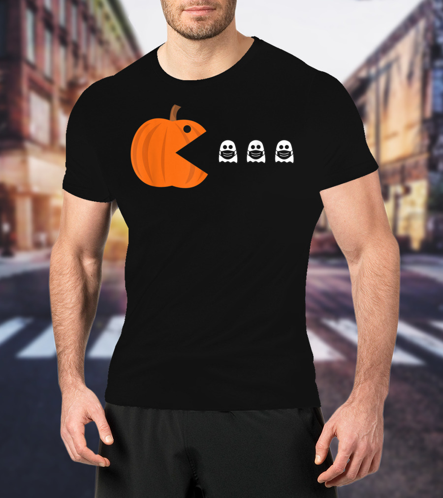 Pac-Man Pumpkin Eating Ghosts Funny Halloween Men's T-Shirt