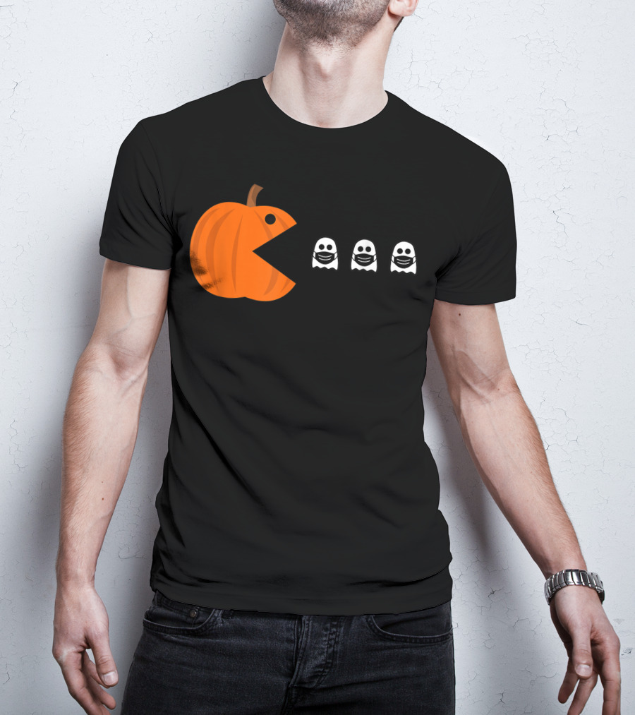 Pac-Man Pumpkin Eating Ghosts Funny Halloween Men's T-Shirt