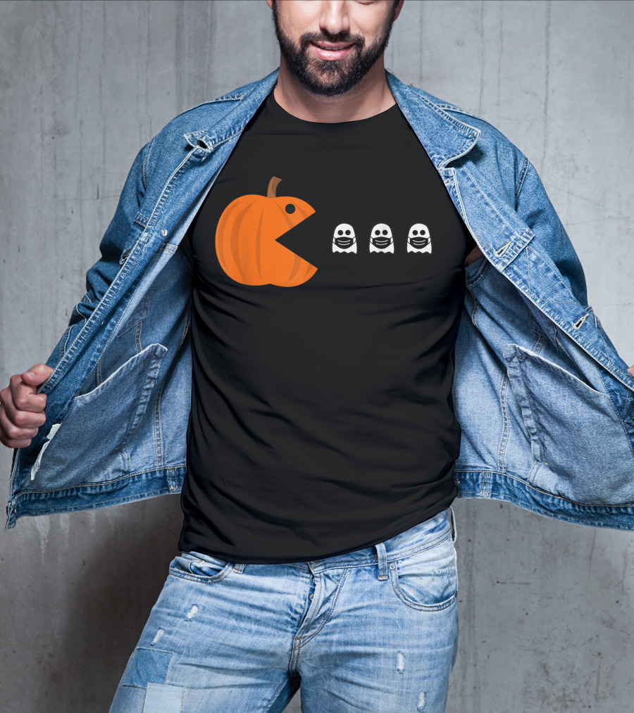 Pac-Man Pumpkin Eating Ghosts Funny Halloween Men's T-Shirt