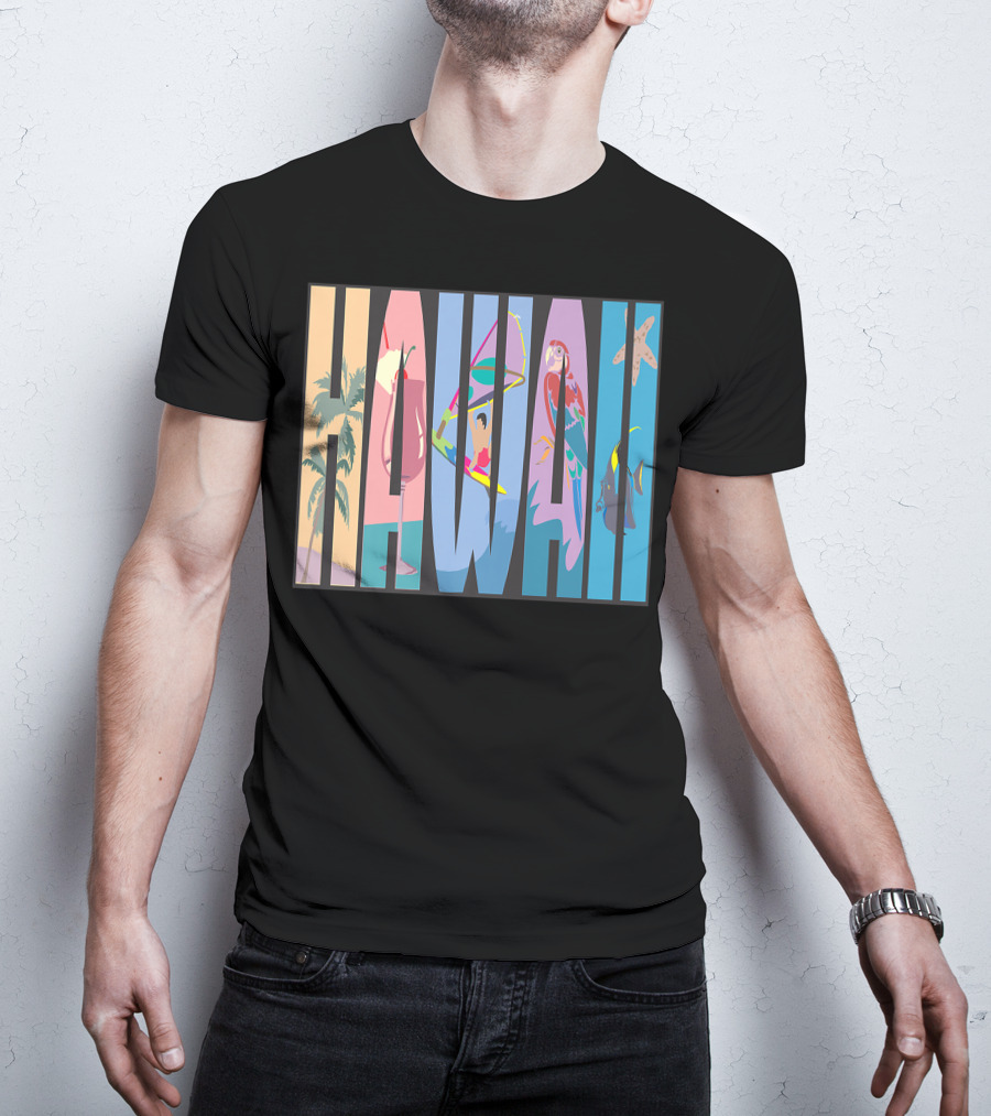 Hawaii Aloha Pearl Island Surf Sand State Floral Fish Tropical Parrot And Starfish T-Shirt