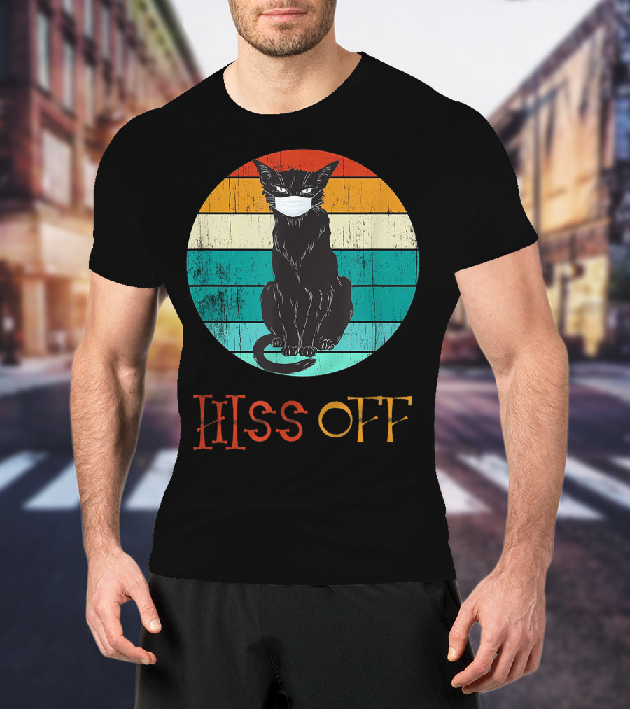 Hiss Off Black Kitty With Mask And Retro Stripes T-Shirt