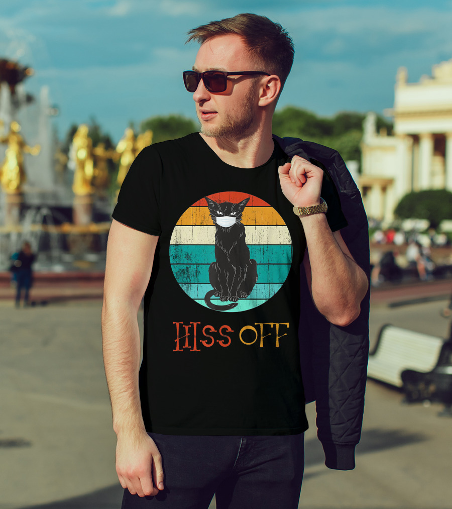 Hiss Off Black Kitty With Mask And Retro Stripes T-Shirt