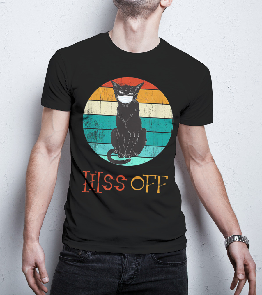 Hiss Off Black Kitty With Mask And Retro Stripes T-Shirt