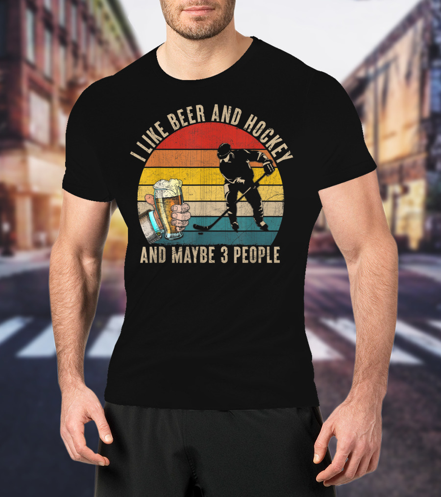 I Like Beer And Hockey And Maybe 3 People Vintage Retro T-Shirt