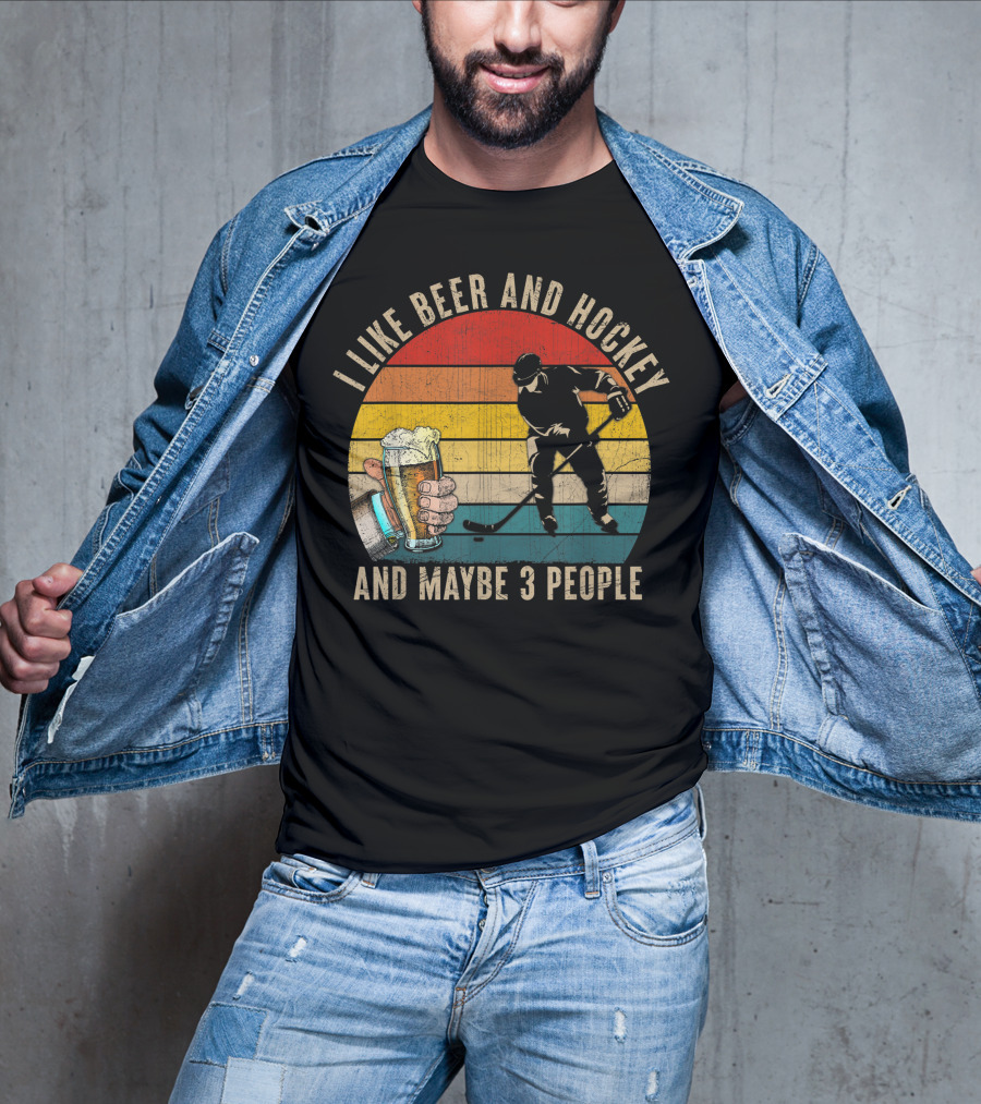 I Like Beer And Hockey And Maybe 3 People Vintage Retro T-Shirt