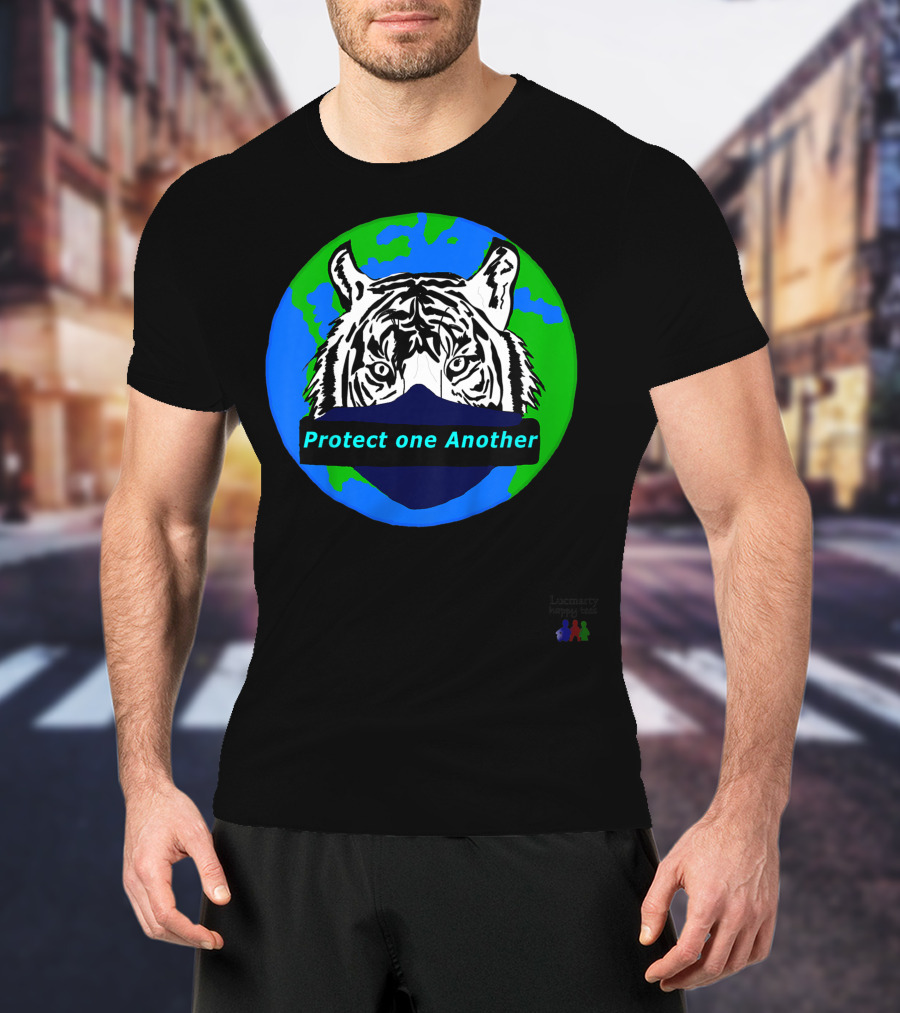 Lucmarty Protect One Another Tiger Wearing Face Mask Over Earth T-Shirt