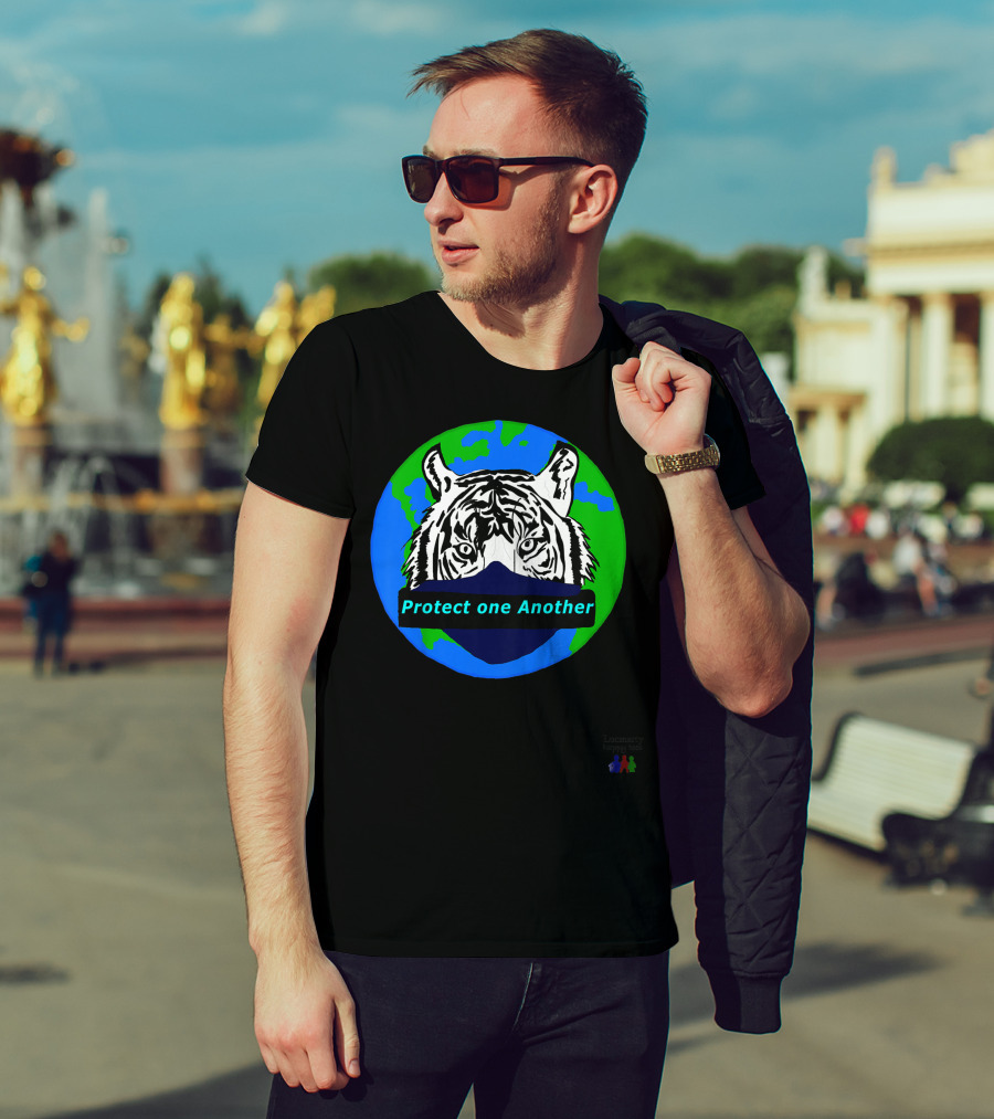 Lucmarty Protect One Another Tiger Wearing Face Mask Over Earth T-Shirt