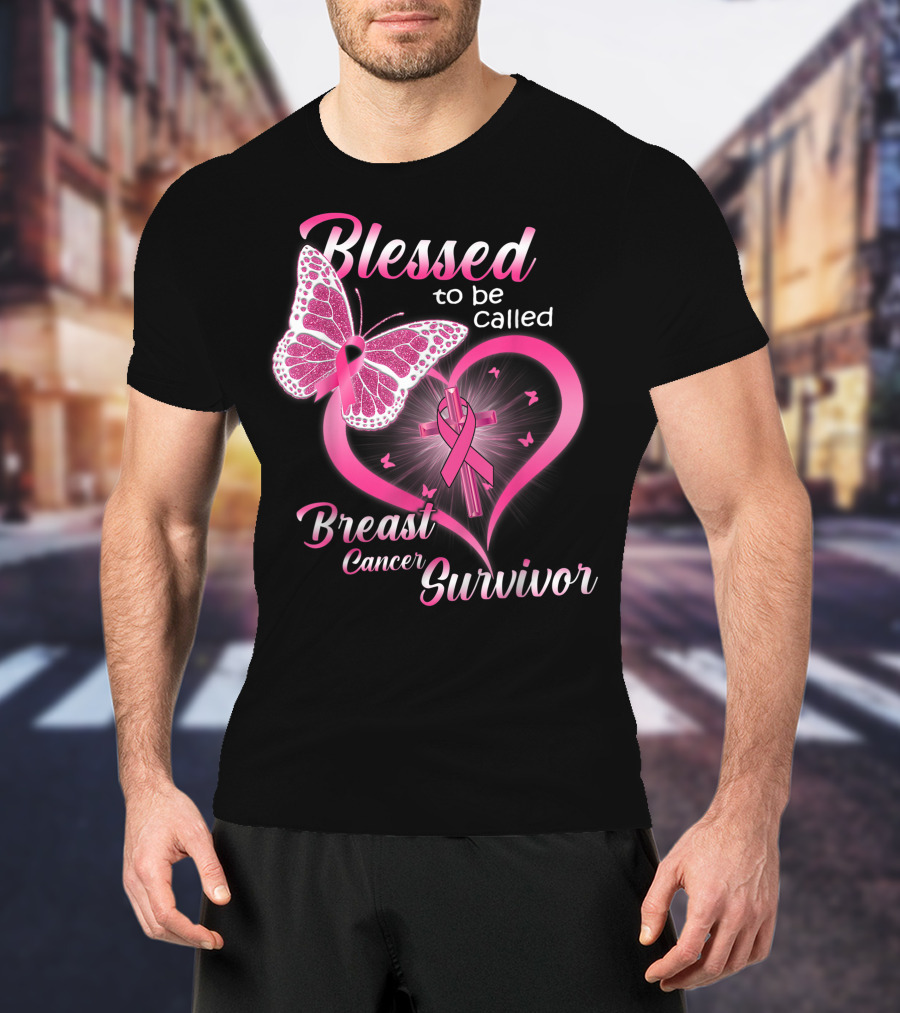 Blessed To Be Called Breast Cancer Survivor Pink Butterfly And Ribbon Heart T-Shirt