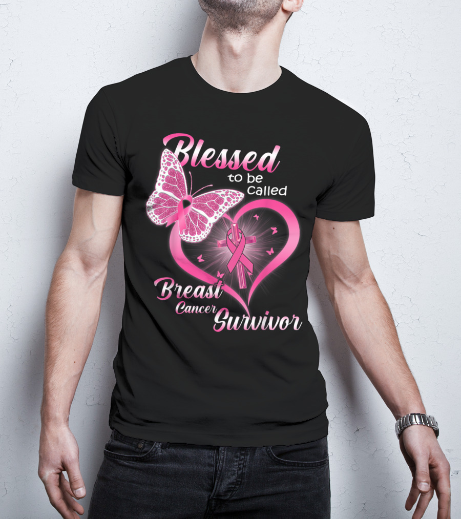Blessed To Be Called Breast Cancer Survivor Pink Butterfly And Ribbon Heart T-Shirt