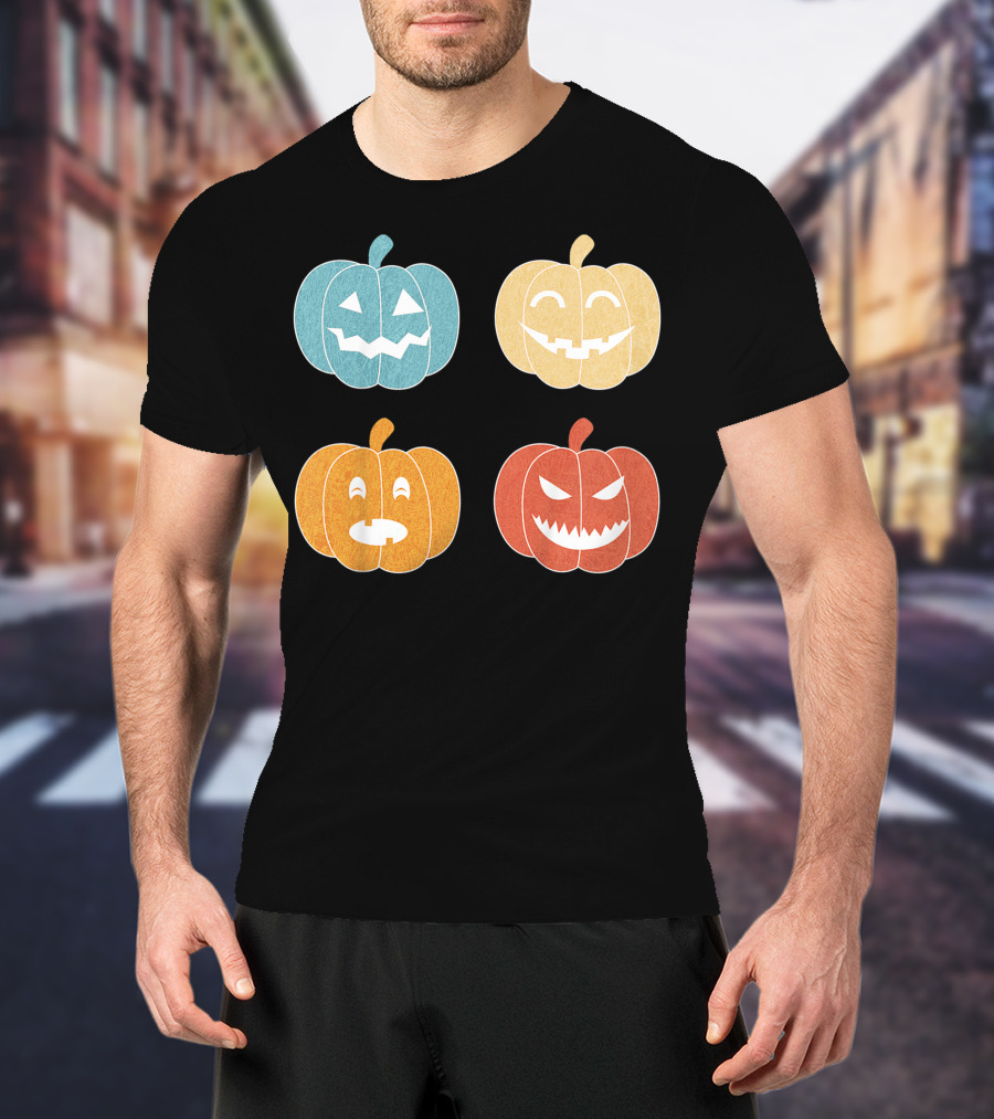 Vintage Halloween Colorful Pumpkin Faces T-Shirt