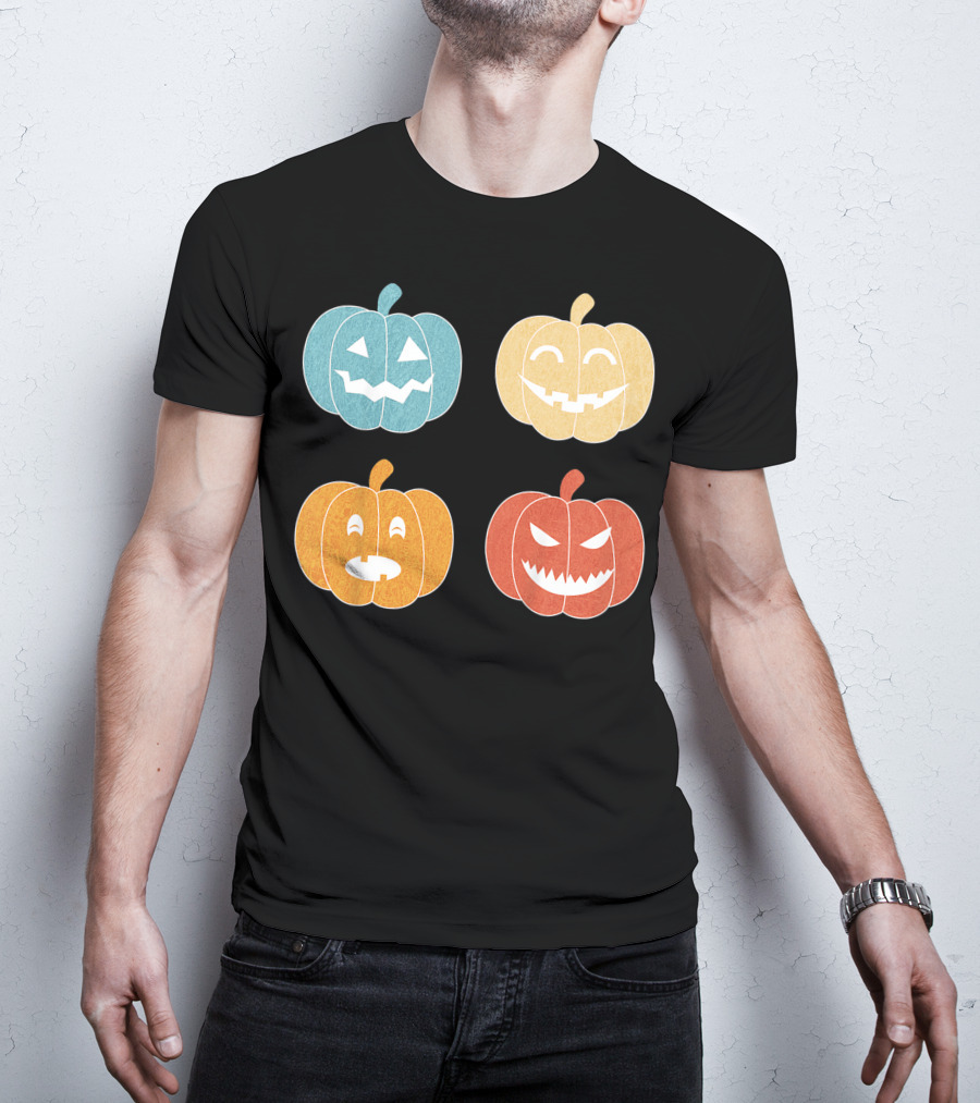 Vintage Halloween Colorful Pumpkin Faces T-Shirt