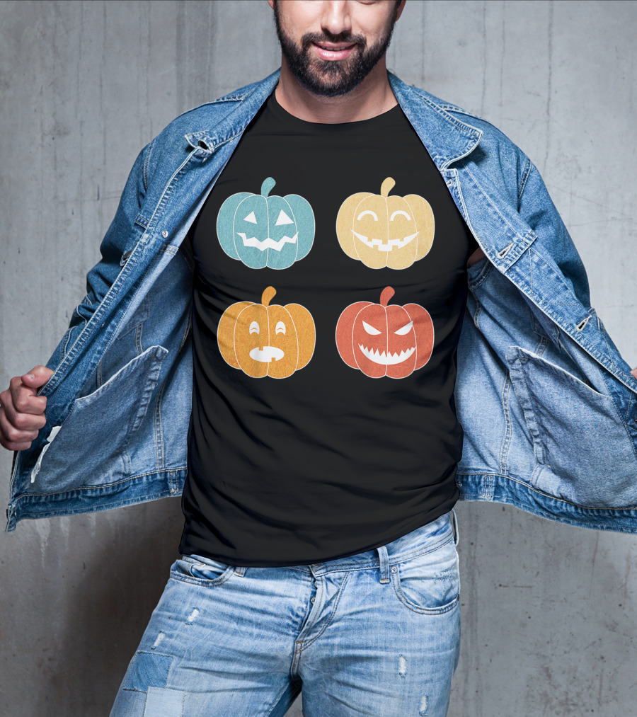 Vintage Halloween Colorful Pumpkin Faces T-Shirt