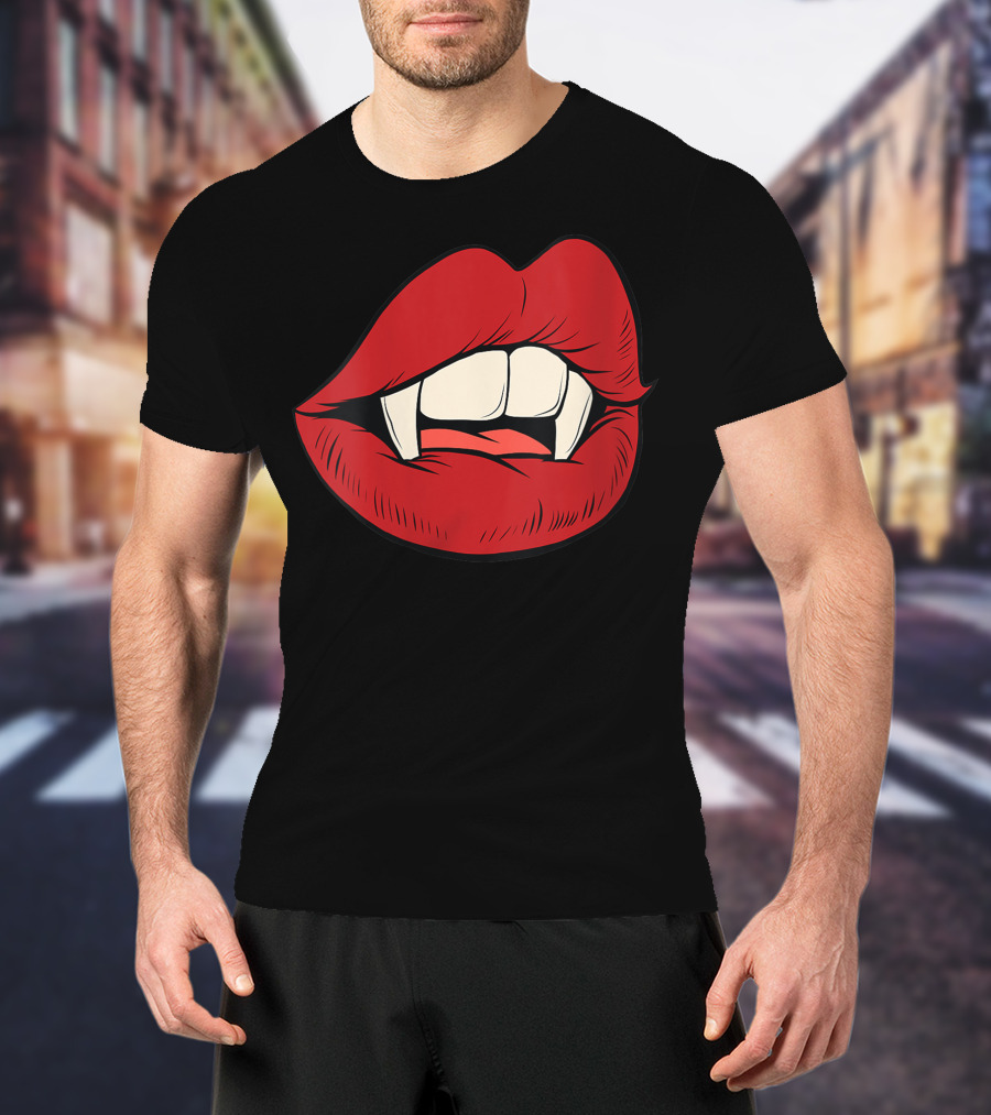 Women Vampire Kiss Halloween Rock Punk Goth Lips Fangs T-Shirt