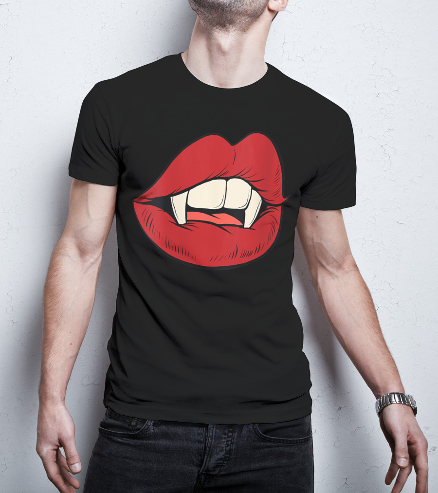 Women Vampire Kiss Halloween Rock Punk Goth Lips Fangs T-Shirt