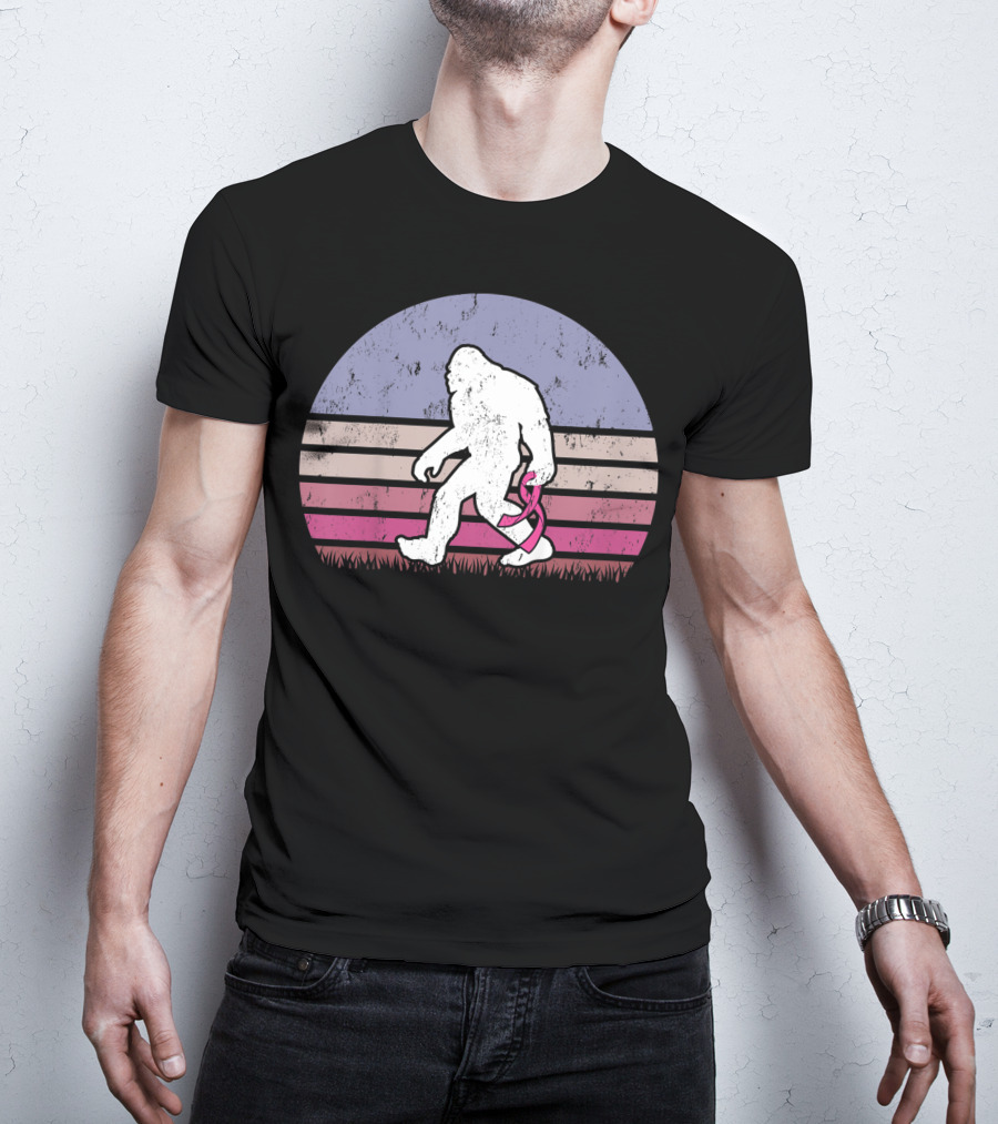 Vintage Bigfoot Breast Cancer Awareness Pink Ribbon Retro Stripes T-Shirt