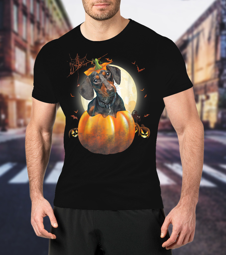 Halloween Funny Dachshund Pumpkin Moon Bats Spiderweb T-Shirt